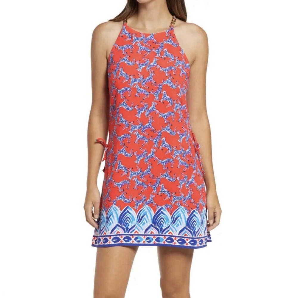 Lilly Pulitzer Zebra Print Romper Dress Womens 8 Orange Blue Gold Chain Straps